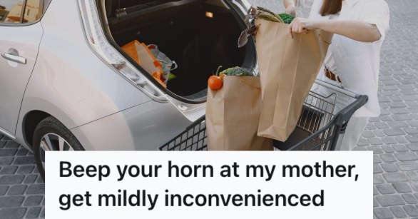 Woman loading her grocery bags onto the trunk of her car.