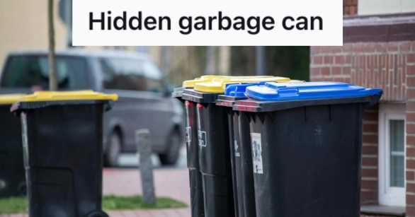 Several garbage bins lined up on the sidewalk