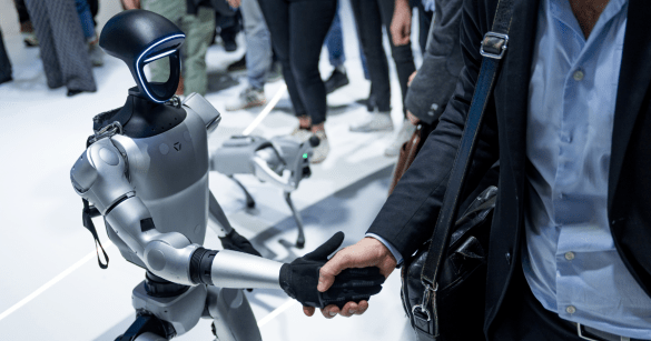 Humanoid robot by Unitree shaking hands