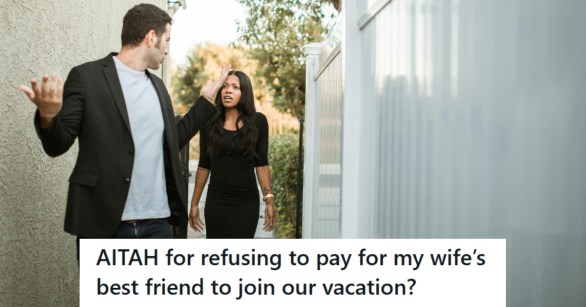 Woman pleading with man in back yard