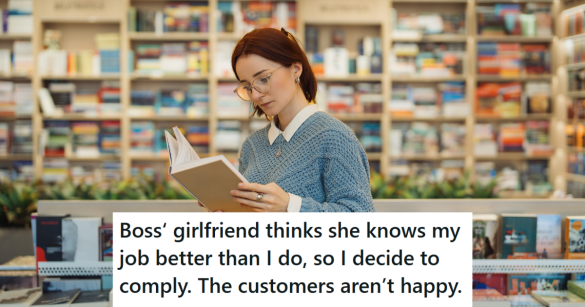 Woman reading book in bookstore