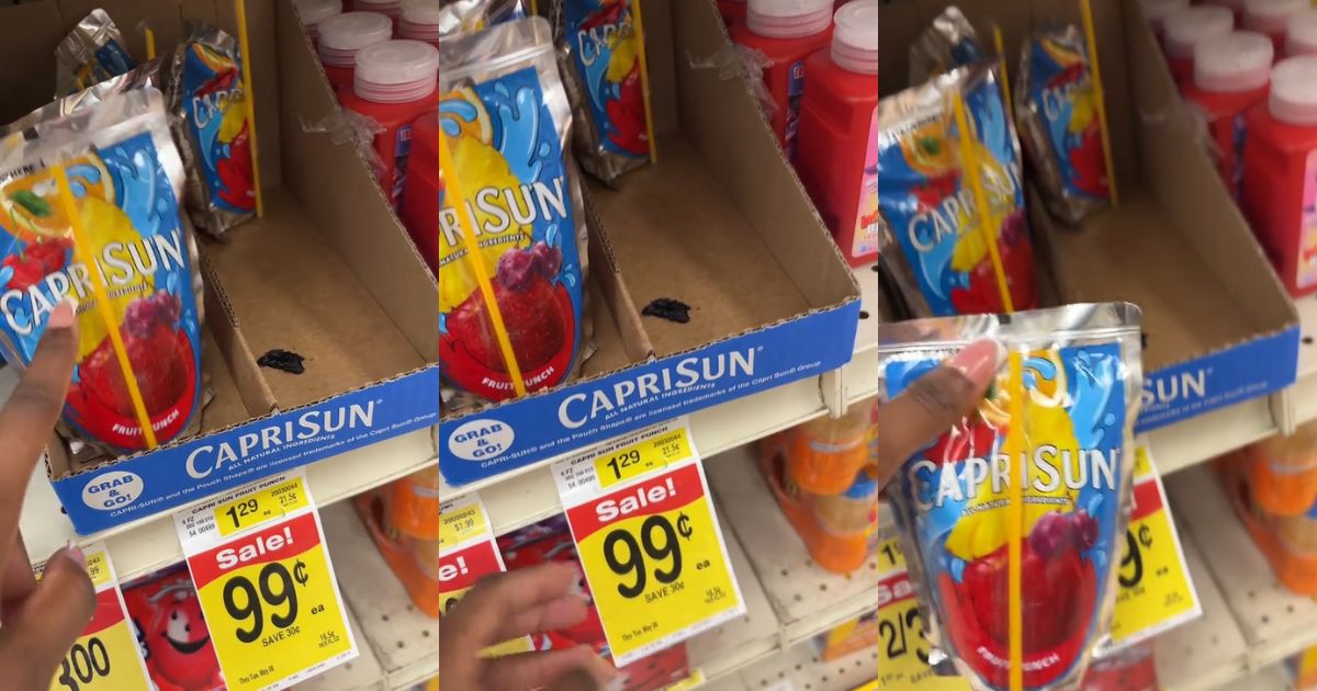 Capri Suns on a grocery store shelf