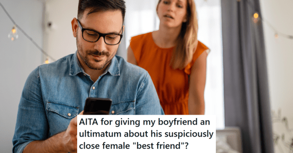 Man texting, girlfriend looking over shoulder