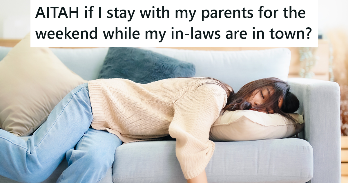 tired woman sleeping on a gray couch