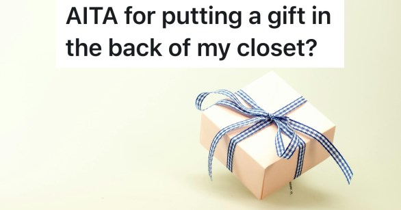 present with beige wrapping paper and blue bow