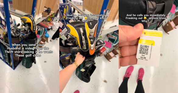 A set of golf clubs at a thrift store