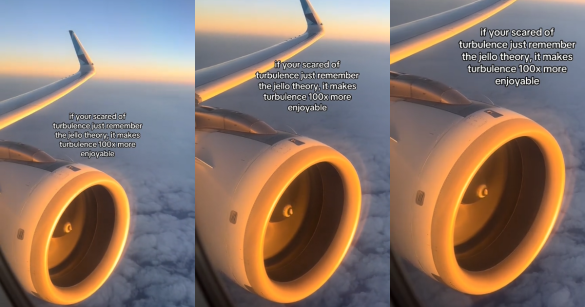 A window view of a plane wing and turbine in flight