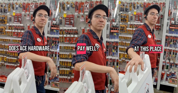 three photos of an ace hardware worker