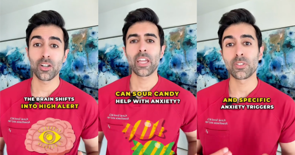 three photos of a man in a red shirt