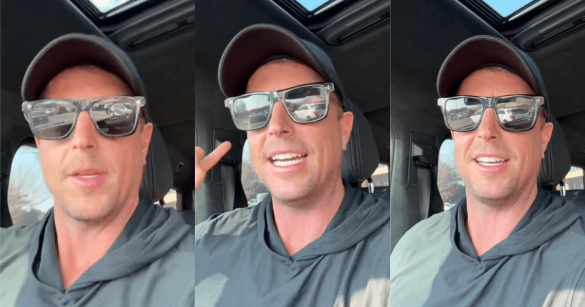three photos of a man talking inside his car