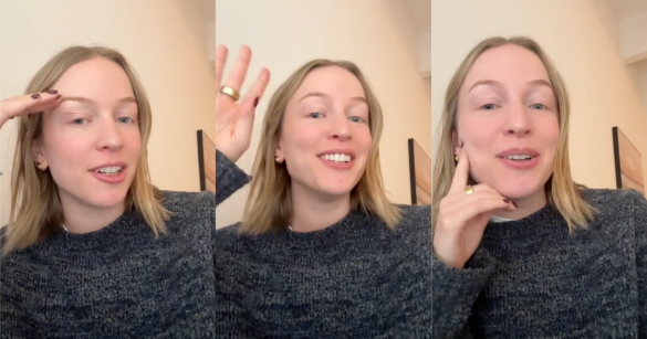 three photos of a woman talking in an animated manner