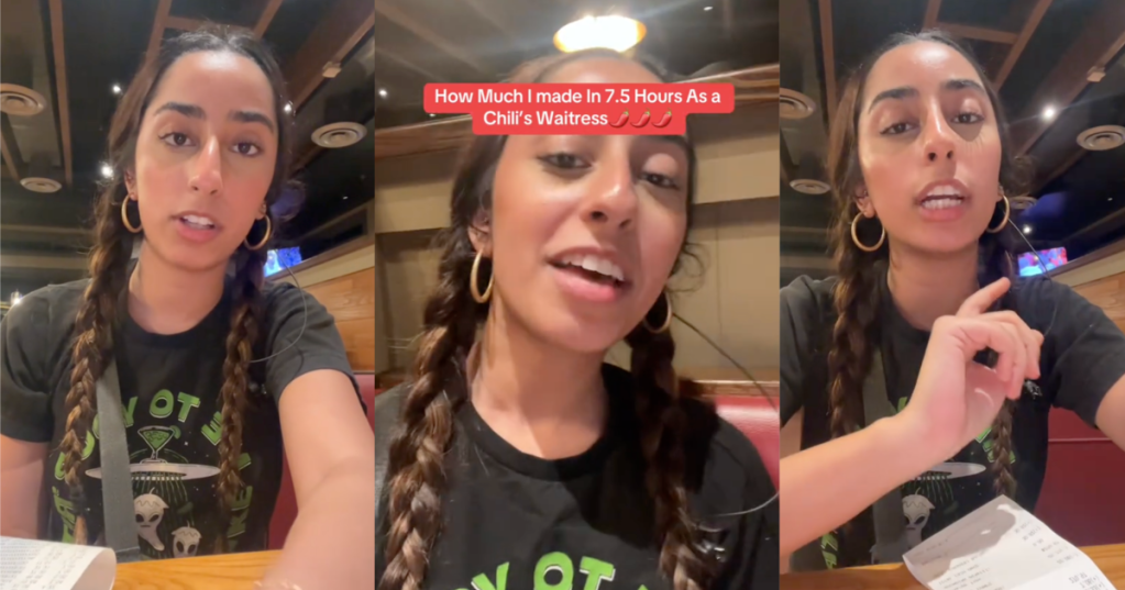 three photos of a chili's waitress