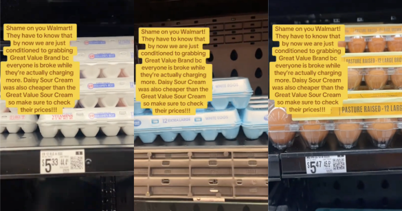 three photos of grocery store eggs