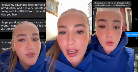 three photos of a blond woman