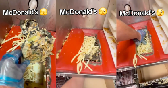 three photos of a dirty french fry station