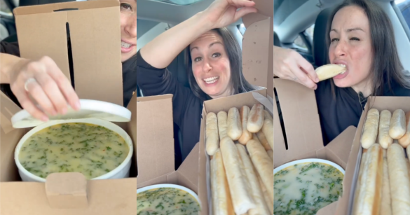 three photos of woman with food from olive garden