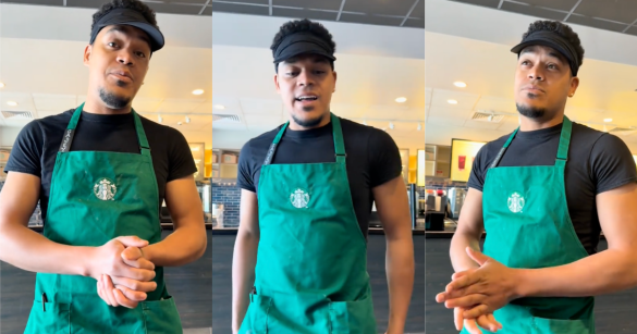 three photos of a starbucks employee