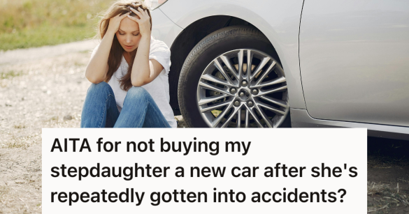 woman looking stressed next to a car