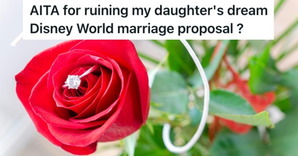 A diamond engagement ring inside a red rose