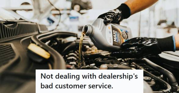 Dealership technician pouring new oil into a vehicle