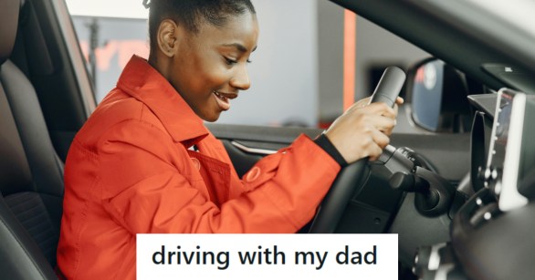A teen driver getting ready to drive with her dad