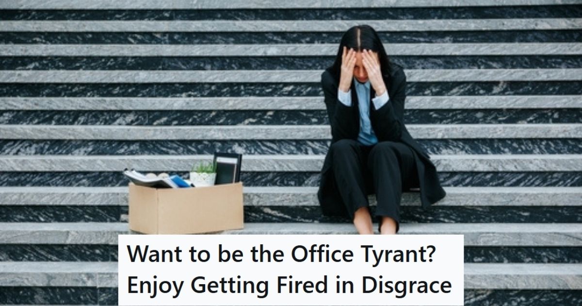 Fired woman with box of belongings