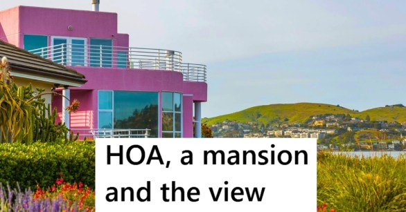 Pink house against green landscape