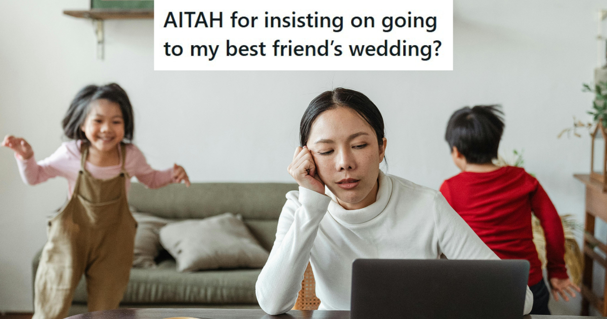 Tired woman working while kids play in the background