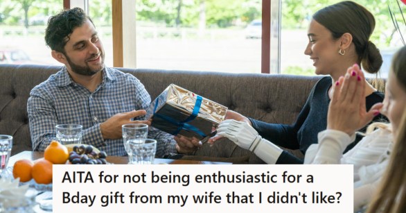 Woman excitedly giving her husband a birthday gift