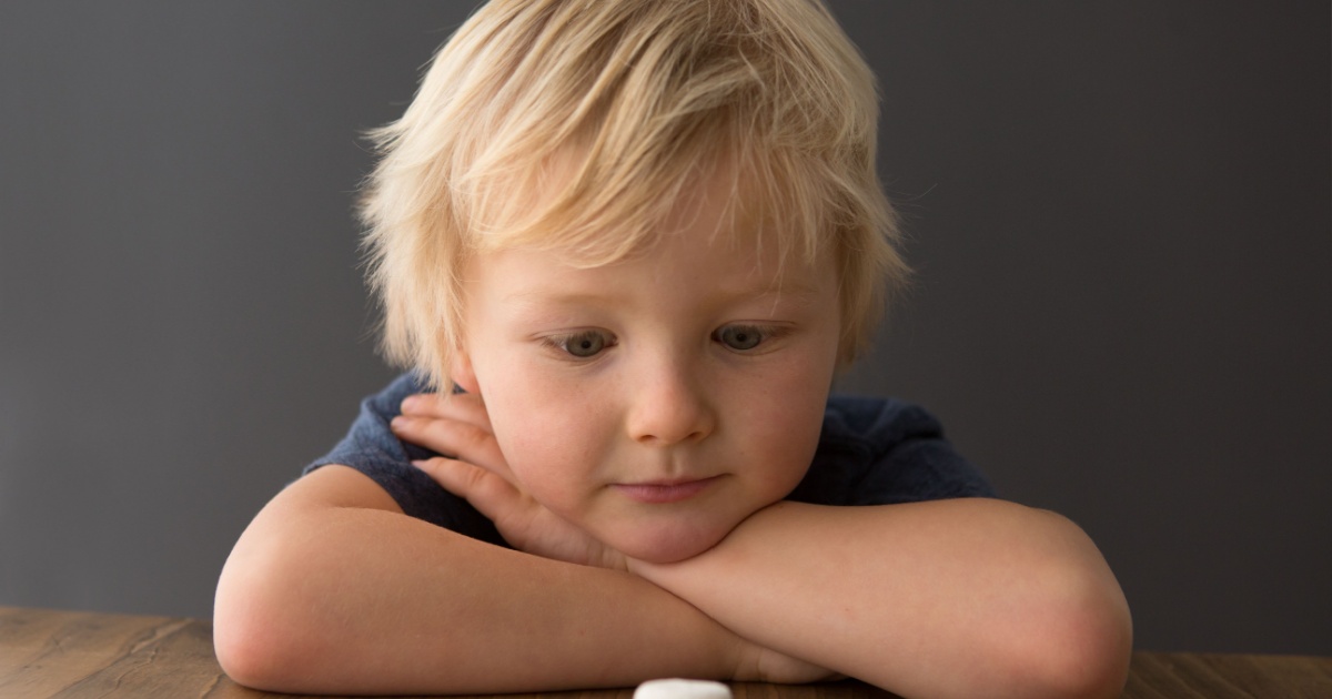Young boy tempted by marshmallow