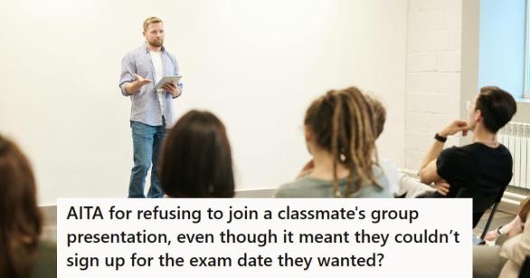 College student giving a presentation in front of class