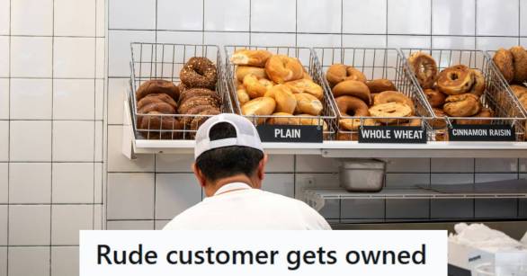 Man working at a bagel shop, organizing the bagels