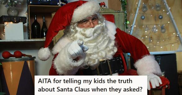 Santa Claus in costume pointing at the camera