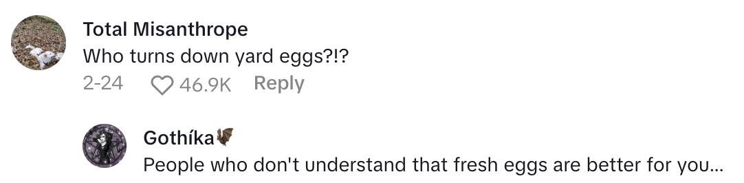 Screenshot 2025 05 01 at 8.51.59 AM I hope she has fun paying $12 a carton.   This TikTokker Said A Neighbor Refused Eggs From Her Yard Because They Were Dirty