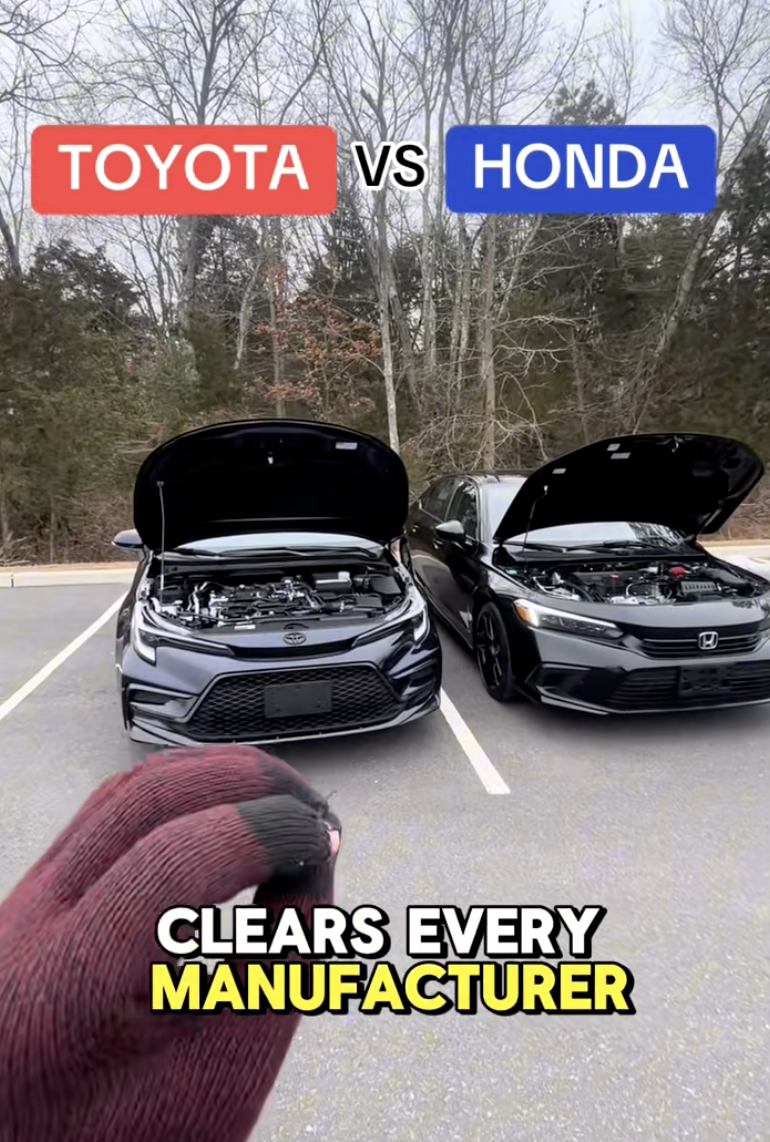 two cars with open hoods