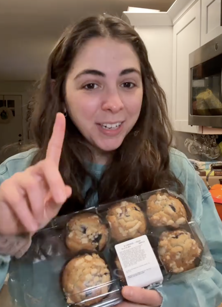 woman talking about costco muffins