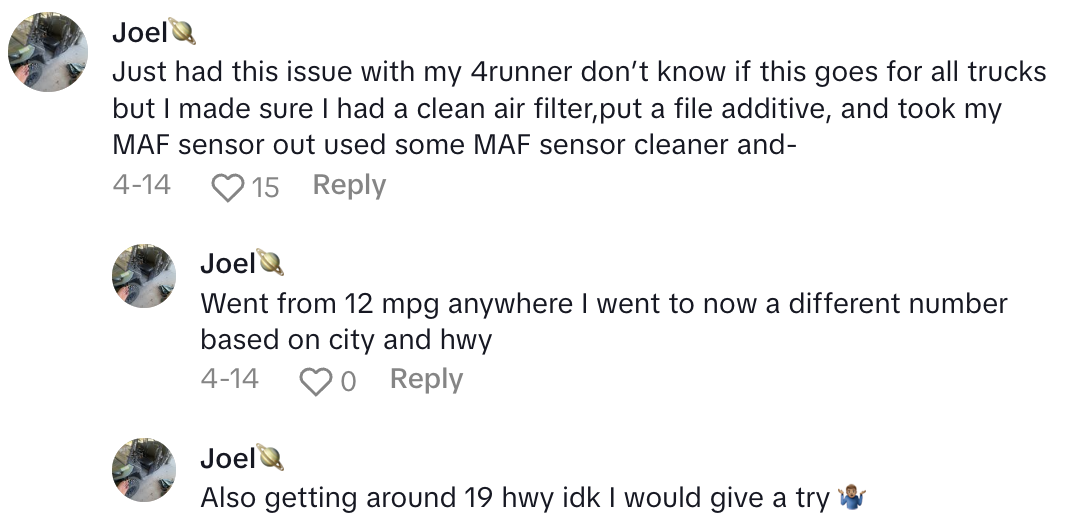 Screenshot 2025 05 04 at 4.53.24 PM Toyota Tacoma Driver Wasnt Impressed With His Gas Mileage.   I could still only get 13 miles a gallon. How is that possible?