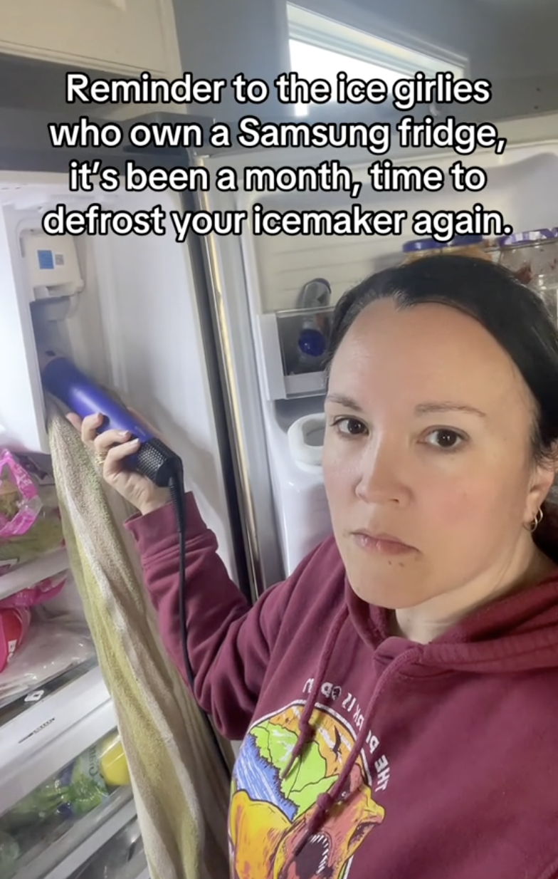 woman thawing out a refrigerator