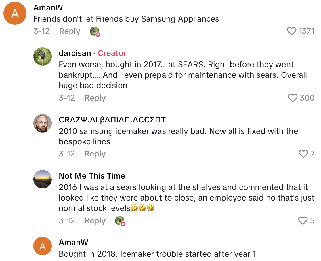 Screenshot 2025 05 31 at 7.27.21 PM Samsung Customer Talked About The Problem She Had With Her Refrigerator.   Time to defrost your icemaker again.