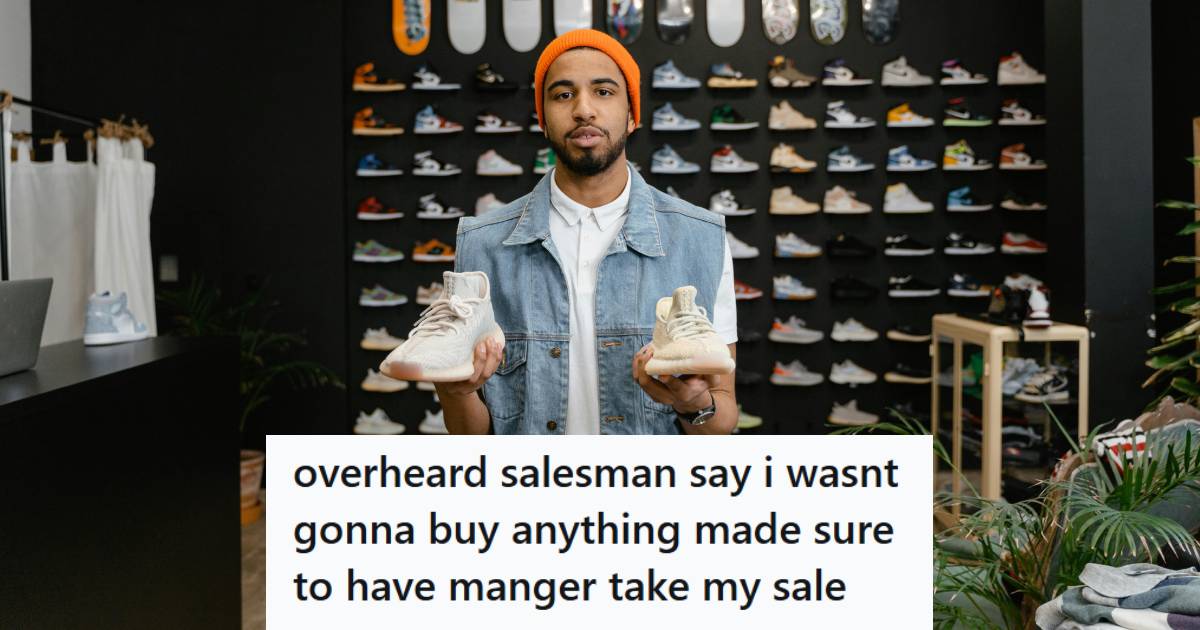 Salesman approaching a customer holding two shoes