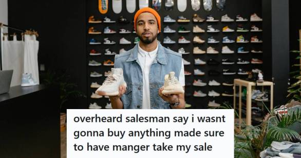 Salesman approaching a customer holding two shoes