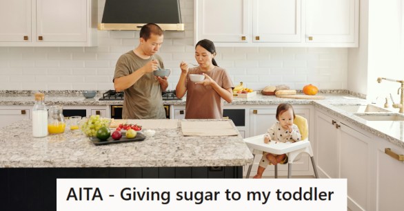 Family of three eating breakfast together