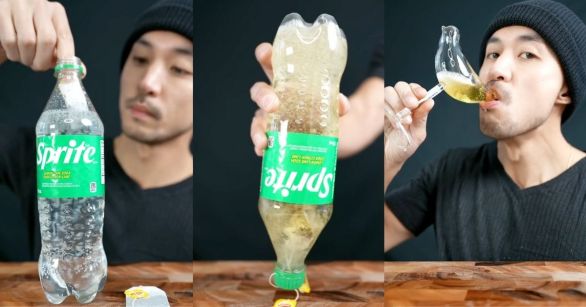 Man mixing and drinking Lipton tea with Sprite