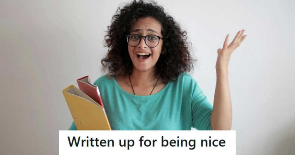 Woman holding her file folders and acting very surprised