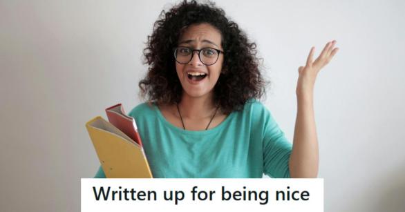 Woman holding her file folders and acting very surprised