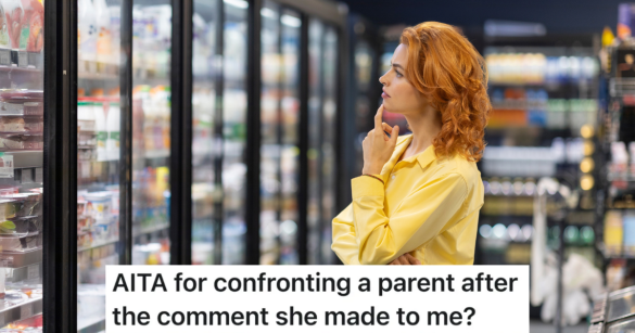 woman in a yellow shirt deciding what to buy at the grocery store