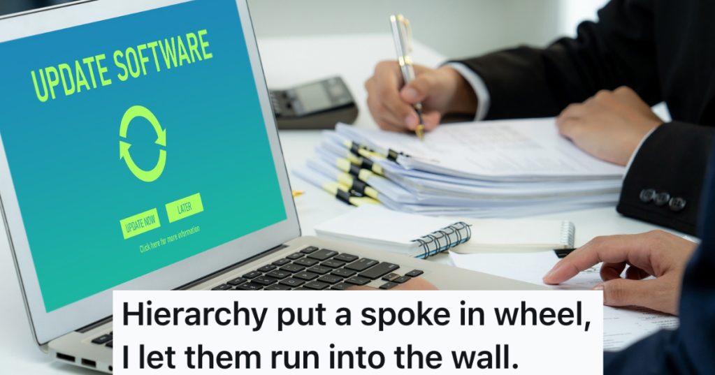 work computer with a message on the screen that reads "update software"