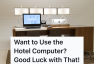 Hotel Guest Uses The Computer In The Hotel Lobby, But Another Impatient Hotel Guest Wants Him To Hurry Up