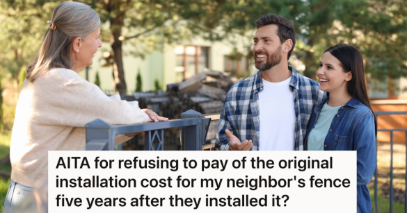 couple talking to older woman across a fence