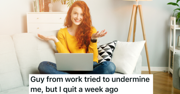 smiling redhead with laptop on her lap shrugging